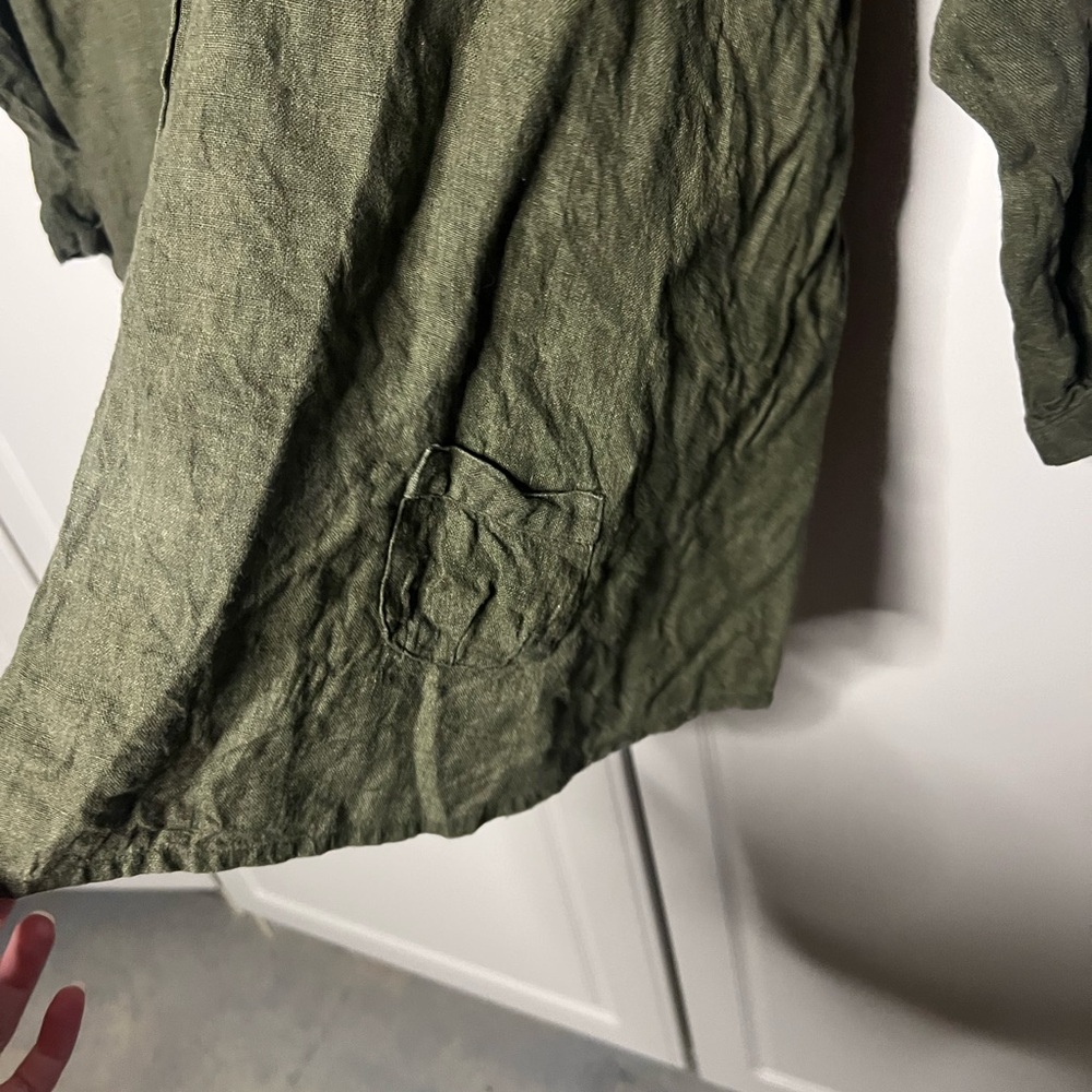 FLAX Linen Tunic Top Olive Green Large Lagenlook Button Front - Picture 5 of 10